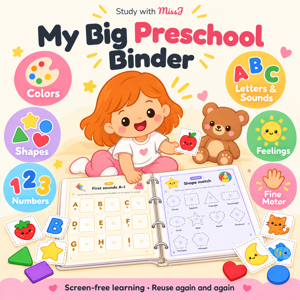 My Big Preschool Binder | 80-Page Toddler Busy Book with First Sounds A–Z | Printable Learning Binder, Ages 2–5