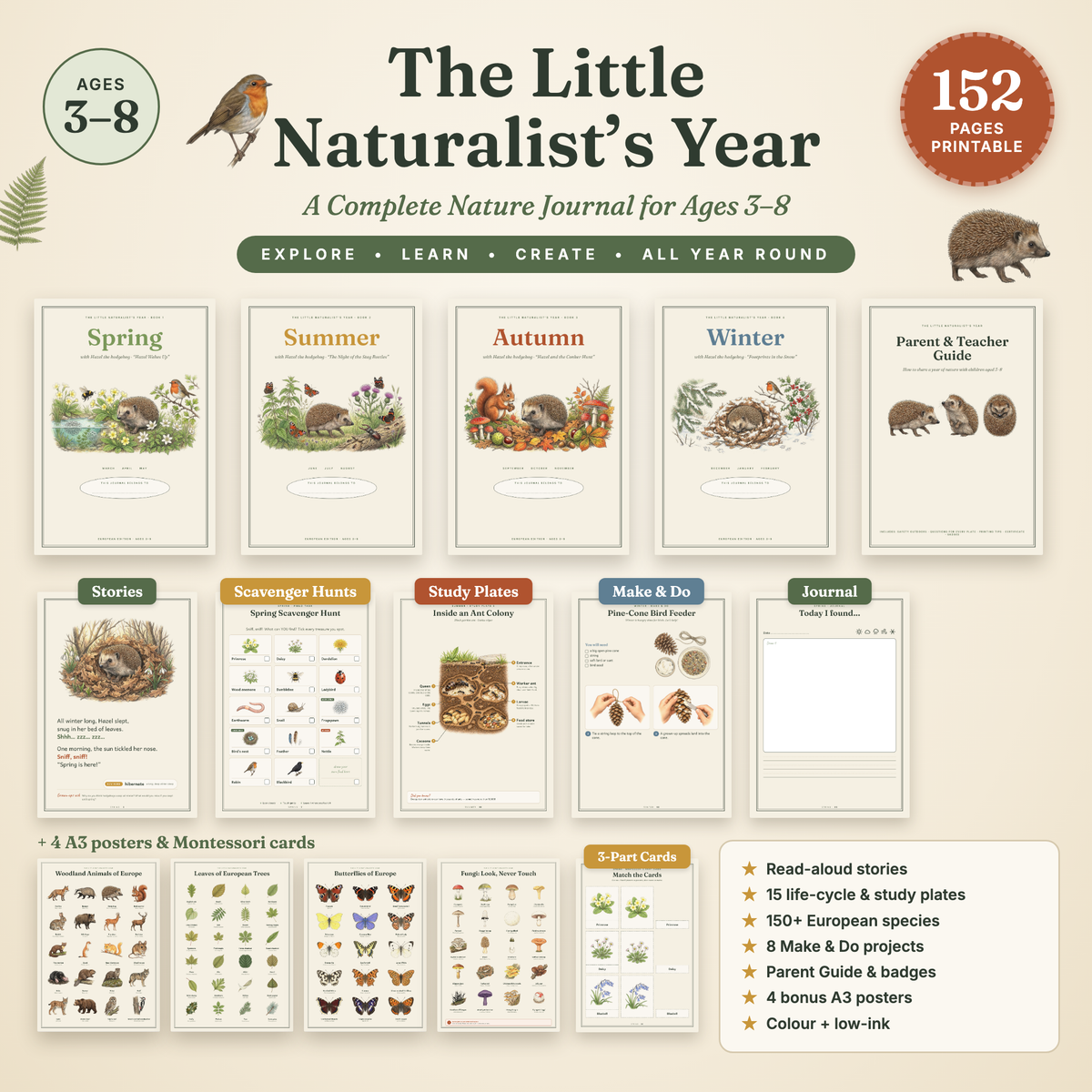 The Little Naturalist's Year | Nature Journal for Kids Ages 3–8 | 152-Page European Nature Study Bundle | 4 Season Books, Stories, Parent Guide & Posters | Printable PDF