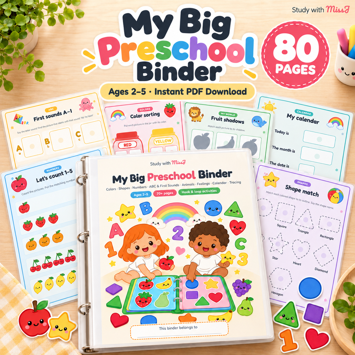 My Big Preschool Binder | 80-Page Toddler Busy Book with First Sounds A–Z | Printable Learning Binder, Ages 2–5