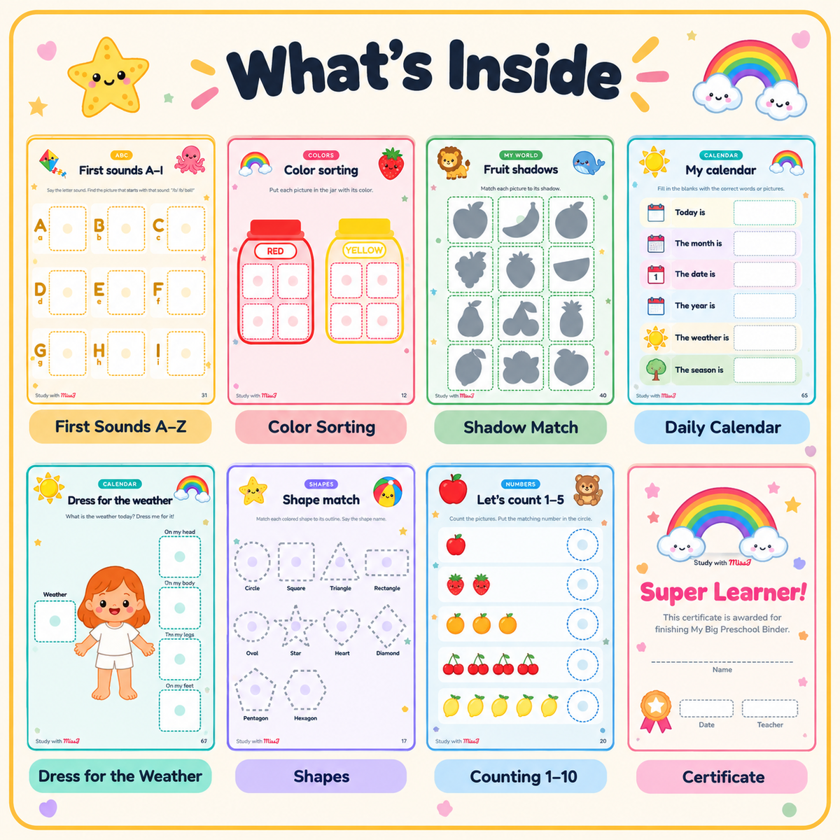 My Big Preschool Binder | 80-Page Toddler Busy Book with First Sounds A–Z | Printable Learning Binder, Ages 2–5