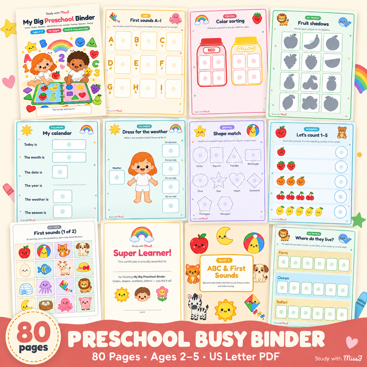 My Big Preschool Binder | 80-Page Toddler Busy Book with First Sounds A–Z | Printable Learning Binder, Ages 2–5